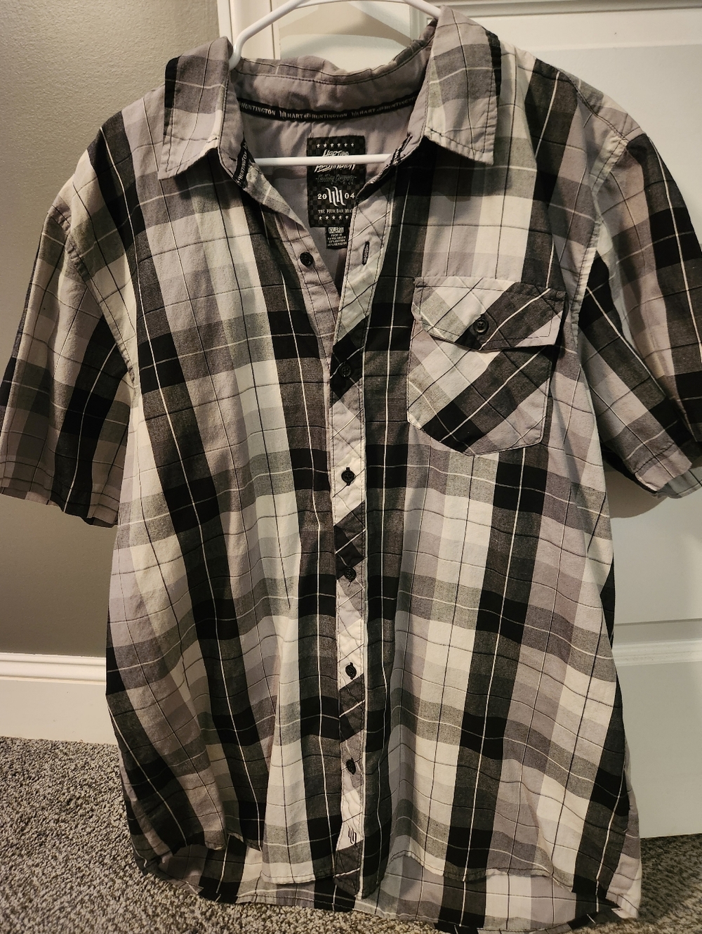Hart and Huntington Plaid Button Up Shirt Mens XXL Short Sleeve Black Gray White